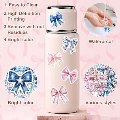 for iPad Case with 100 Pcs Cute DIY Bow Tie Vinyl Laptop Stickers Tweezers Decals, Waterproof Aesthetic Stickers Suitable for Phone, Water Bottles, Cups, Suitcases, Anywhere- Pink/Blue Bow - color: Pink /Blue Bow