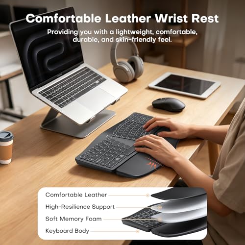 MOKURU Wireless Ergonomic Keyboard, Split Keyboard with Wrist Rest, Full Size 2.4G BT Computer Keyboard, Compatible with Windows, Mac OS, PC Computer/Laptop (Black)