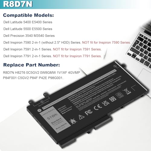 R8D7N 4GVMP 1V1XF Laptop Battery Compatible with Dell Precision 3540 M3550 Latitude 5400 5410 5500 5510 Inspiron 7590/7591/7791 2-in-1 Series P80F P80F001 P84F H82T6 0C5GV2 W8GMW 0W8GMW 0R8D7N - size: 7.13*3.78*0.28inch R8D7N
