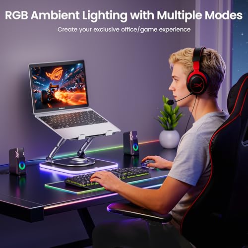 JOYEKY Adjustable Laptop Stand with RGB Lighting,Aluminum Ergonomic Computer Stand with 360° Rotating Base,Foldable & Portable Laptop Riser, Suitable for All 10-16” Laptops (Grey) - color: RGB-Grey