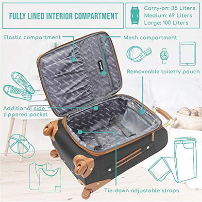 Steve Madden Designer Luggage Collection - Lightweight Softside Expandable Suitcase for Men & Women - Durable 20 Inch Carry On Bag with 4-Rolling Spinner Wheels (20in, Global Black) - color: Global Black, size: 20 inches
