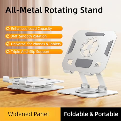 360° Rotatable Metal Tablet Stand, Adjustable Folding Desktop Stand for iPad/iPhone/Switch, Universal Use for Office/Movie/Studying/Drawing/Gaming - color: White