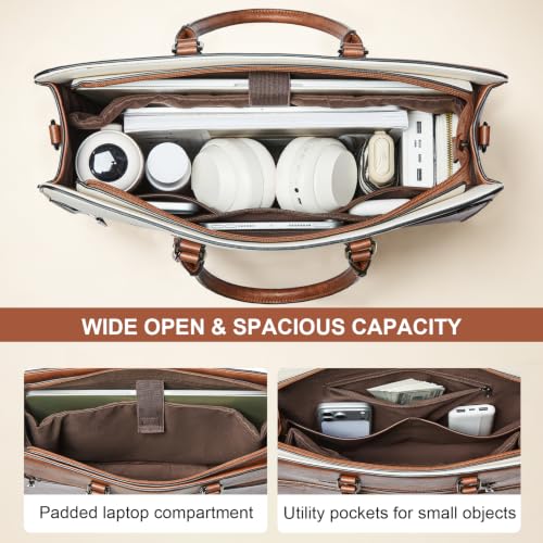 Laptop Bag for Women,Water-Resistant Work Bag Laptop Tote Bag,Briefcase with Satchel Purse - color: Beige With Brown
