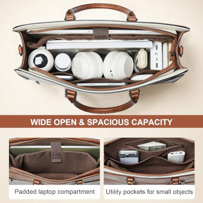Laptop Bag for Women,Water-Resistant Work Bag Laptop Tote Bag,Briefcase with Satchel Purse - color: Beige With Brown