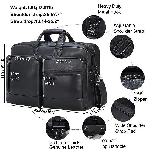 Masa Kawa Expandable Leather 17" Laptop Travel Messenger Duffel Bag Men | Large Overnight Weekend Business Trip Duffel Bags with Luggage Strap, Crossbody Shoulder Computer Briefcase - color: Black