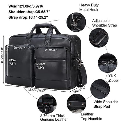 Masa Kawa Expandable Leather 17" Laptop Travel Messenger Duffel Bag Men | Large Overnight Weekend Business Trip Duffel Bags with Luggage Strap, Crossbody Shoulder Computer Briefcase - color: Black