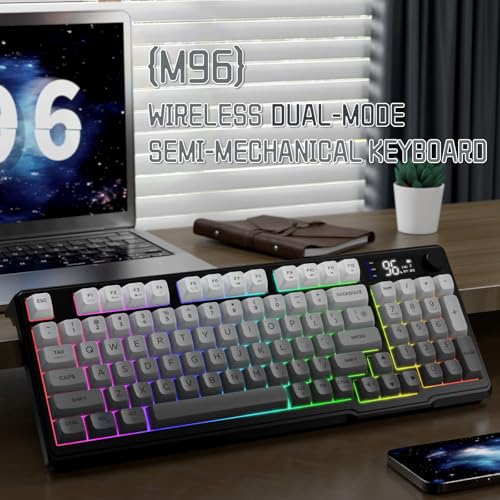 LexonElec M96 Wireless Keyboard, Low Profile Quiet Typing Membrane Gaming Keyboard with Smart Display & Knob, RGB Backlit, USB C Rechargeable, 94 Keys PBT Keycap for Windows PC,Mac,Linux-Moonlit Night - color: Moonlit night