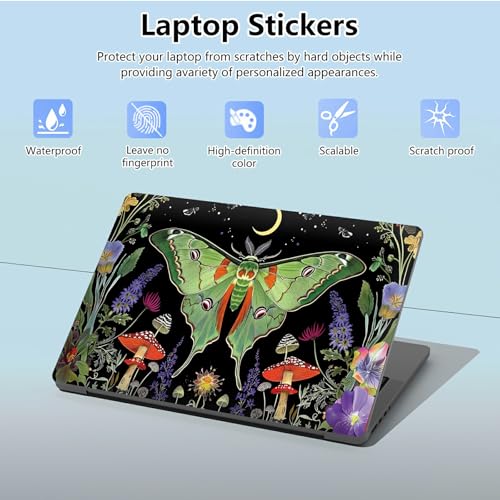 Universal Laptop Skin Sticker with 2 Wrist Pad Skins, Waterproof Scratch Resistant Vinyl Laptop Cover Decal, Cut to Fit for 11–15.6 Inch MacBook HP Dell Lenovo, Green Moth Moon - color: Green Moth Moon