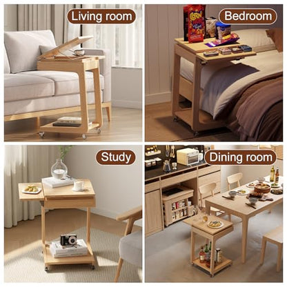 Solid Wood C Shaped End Table for Couch,Natural C Table with Wheels,Rolling Side Table with Storage,Couch Desk with Adjustable Desktop,Rolling Tv Tray with Folding Shelf,Modern Couch Table - color: Natural