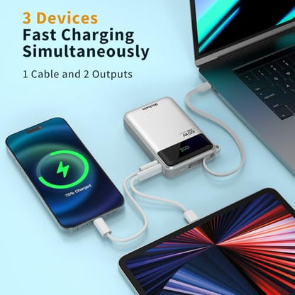 Hichain Laptop Power Bank 65W 20000mAh Portable Charger Silver | with Built-in USB-C Cable 3-Port Fast Charging Battery Pack for MacBook iPhone Series Android Switch Travel Essential - color: Silver