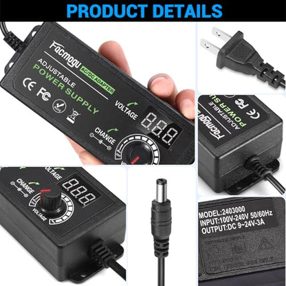 Facmogu 9V-24V 3A 72W Adjustable Power Adapter with LED Display, Multi-Voltage 100V-240V AC to DC 9V 12V 15V 16V 18V 19V 20V Universal AC/DC Variable Power Supply, Various Voltage AC to DC Converter - size: 9-24V 3A