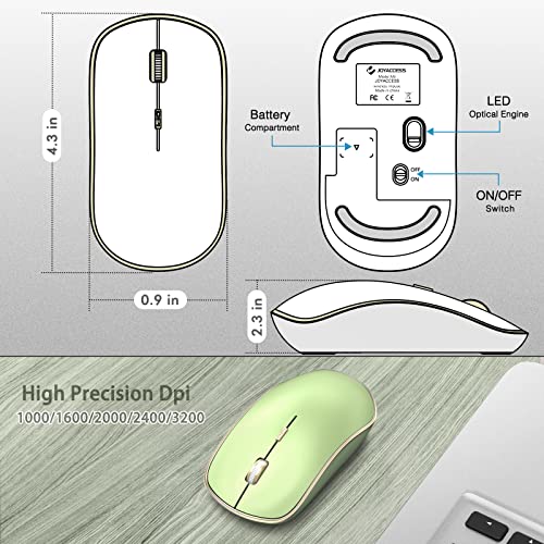 JOYACCESS J 2.4G Slim Wireless Silent Mouse - Portable Wireless Computer Mouse with 5 Adjustable DPI Levels, USB for Desktop, Notebook, MacBook, Chromebook, PC (Light Green) - color: Light Green