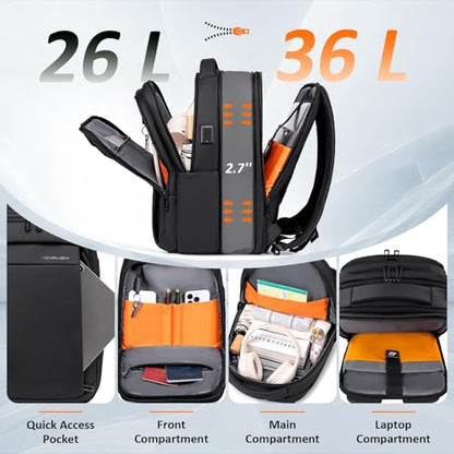 FENRUIEN Expandable Travel Backpack for Men, Water Resistant Computer Backpack with USB Charging Port，Black Laptop Bag 15.6 Inch - size: 15.6 Inch, style: Travel Backpack