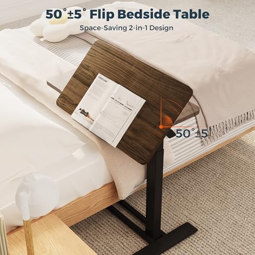 28''Pneumatic Overbed 50°Tilting Bedside Table,Small Standing Desk | 27.6" Wx15.7" D, Mahogany Rolling Bedside Table,Hospital BedTable,Medical Bedside Table,Overbed Table with Wheels,Mobile Desk - color: Mahogany, size: 2816