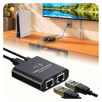 Ethernet Splitter 1 to 2 Mini Gigabit Internet Switch 1 in 2 Out LAN and RJ45 Port Splitter High Speed Network Adapter for 5/5e/6/7/8 with USB c Power Cable