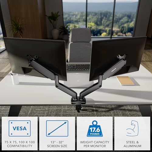 Mount-It! Dual Monitor Desk Mount, 13-32", 17.6 lbs Each | Two independent gas spring arms, full motion, VESA 75x75 & 100x100, C-clamp & grommet base.