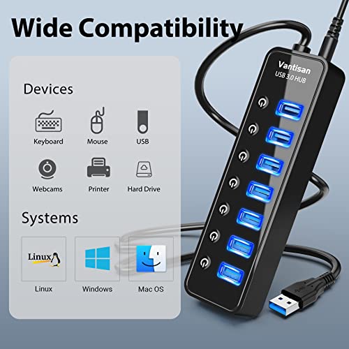 USB Hub 3.0 Powered, 7 Ports USB Data Hub Splitter with One Smart Charging Port and 5V/4A Powered Adapter and ON/Off Switches for MacBook, Mac Pro/Mini, iMac, Surface Pro Laptop/PC - color: black