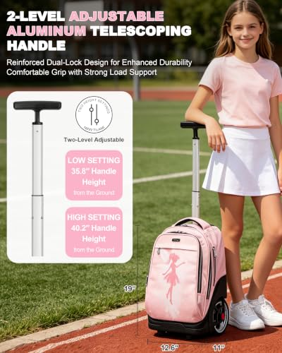 NEW TILAMI 19 Inch Rolling Backpack with Lunch Bag School Stair-Climbing | Stair-Climbing Teen Boys Girls Carry-on Suitcase Large Compartment 15.6 Laptop Sleeve Adjustable Handle Roller Travel Bag - color: Pink Fairy