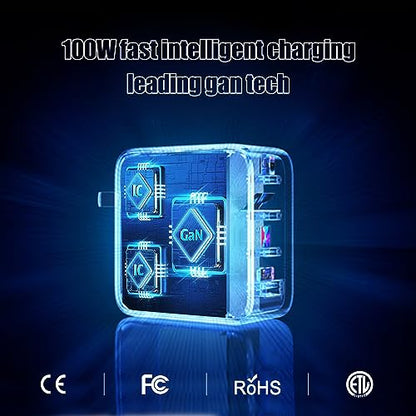 100W USB C Charger, 4-Port PD USB Power Adapter, GaN USB C Charger,Fast Charging Station,Compatible with Mac Book Pro/Air, iPad, iPhone 14 Pro, Galaxy S23 Ultra, Steam Deck, Dell XPS, Google Pixelbook