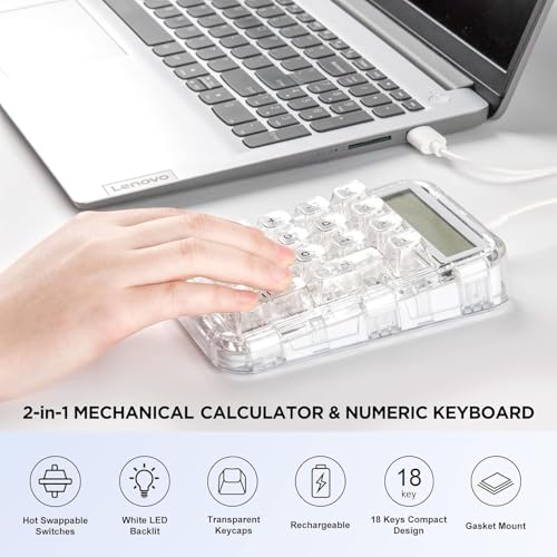 CoolKiller CK21 Mechanical Number Pad with Calculator, 2-in-1 Wired Numeric Keypad, Hot-Swappable 18 Keys, Transparent Backlit Numpad, Rechargeable for Laptop, PC, Desktop (Ice Blade Linear Switch)