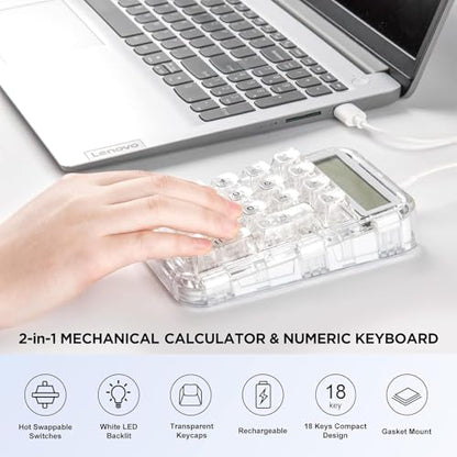 CoolKiller CK21 Mechanical Number Pad with Calculator, 2-in-1 Wired Numeric Keypad, Hot-Swappable 18 Keys, Transparent Backlit Numpad, Rechargeable for Laptop, PC, Desktop (Ice Blade Linear Switch)