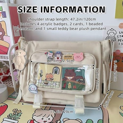 Kawaii Crossbody Ita Bag for Women with Pin & Plush Bear - Japanese Messenger Bags Y2K Shoulder Purse - color: A Beige