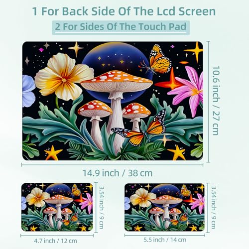 Universal Laptop Skin Decal, 3-Piece Vinyl Protector for 12 13 14 15.6" Notebook, Waterproof Anti-Scratch, Easy Trim & Bubble-Free Finish, Mushroom Flower Butterfly - color: Mushroom Flower Butterfly