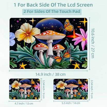 Universal Laptop Skin Decal, 3-Piece Vinyl Protector for 12 13 14 15.6" Notebook, Waterproof Anti-Scratch, Easy Trim & Bubble-Free Finish, Mushroom Flower Butterfly - color: Mushroom Flower Butterfly