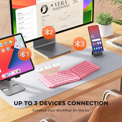 MEETION Foldable Ergonomic Bluetooth Keyboard, Split, Portable, Pink | Compact rechargeable folding keyboard with split ergonomic design, ideal for business travel, for Windows, Mac, iPad, Android - color: Pink