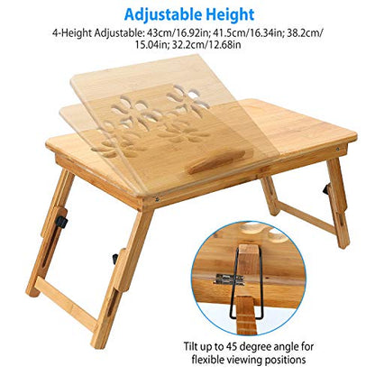 Bamboo Laptop Desk Breakfast Serving Bed Tray Foldable Leg Multi-Position Adjustable Tilt Surface Bed Lap Tray with Side Storage Drawer for Work Study Reading Eating Food