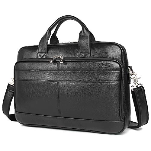 Augus Leather Briefcase for Men, 16 Inch, Full-Grain Leather, YKK Zipper - color: Black1