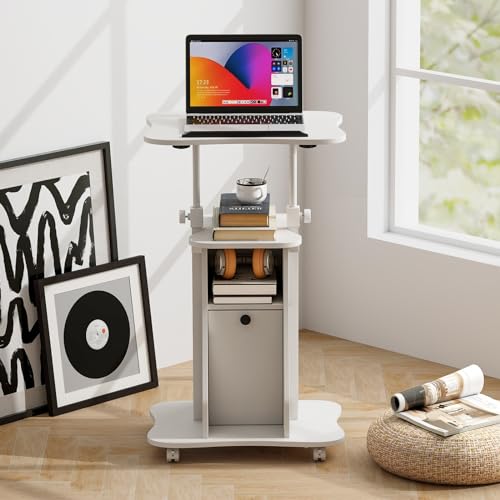 Tangkula Mobile Laptop Podium, Height Adjustable Sit to Stand Desk with Tilting Desktop & Storage Cabinet, Ergonomic Rolling Lectern Cart Laptop Desk, Office Podium Stand on Wheels - color: White, size: 21.5" x 15.5" x 45"