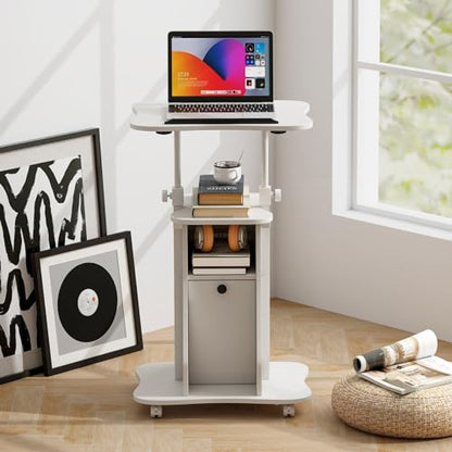 Tangkula Mobile Laptop Podium, Height Adjustable Sit to Stand Desk with Tilting Desktop & Storage Cabinet, Ergonomic Rolling Lectern Cart Laptop Desk, Office Podium Stand on Wheels - color: White, size: 21.5" x 15.5" x 45"