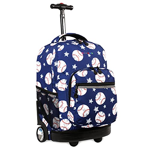 J World Sunrise Kids Rolling Backpack with Wheels for Girls Boys, Roller Bookbag for School, 18 x 13 x 9 Inches, Baseball - color: Baseball