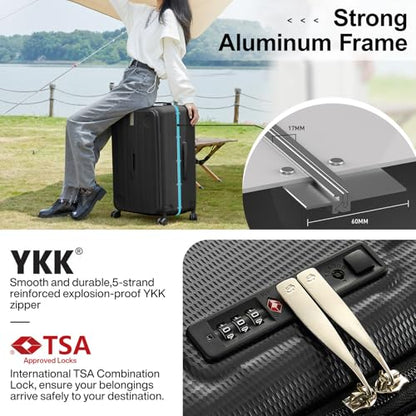 Hanke Multifunctional 26 Inch Hard Shell Suitcases with Wheels Travel Approved Luggage Large Rolling Suitcase Checked Luggage for Women Men(Jet Black) - color: Jet Black, size: Multifunctional Checked 26 Inch