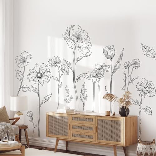 Large Black Boho Flower Wall Decals, 3 Sheets Simple Sketch Floral Wall Stickers Peony Wildflower Peel Stick Wall Art Decor Bedroom Home Room Office Garden Hall Adult Gifts for Mom(11.8x35.4 in/Sheet) - style: Large Peony Flower Set