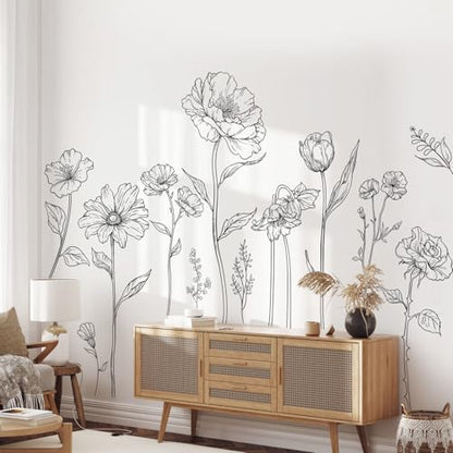 Large Black Boho Flower Wall Decals, 3 Sheets Simple Sketch Floral Wall Stickers Peony Wildflower Peel Stick Wall Art Decor Bedroom Home Room Office Garden Hall Adult Gifts for Mom(11.8x35.4 in/Sheet) - style: Large Peony Flower Set