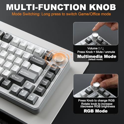 YUNZII B75 PRO Wireless Mechanical Gaming Keyboard | Custom 75% Layout with Knob,Gasket Mount,Hot Swap,Creamy Pre-lubed Switch,BT/USB-C/2.4G(Cocoa Cream V2 Switch,Grey) - color: Grey, size: Cocoa Cream V2 Switch