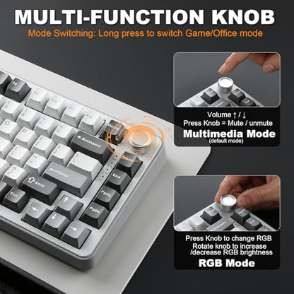 YUNZII B75 PRO Wireless Mechanical Gaming Keyboard | Custom 75% Layout with Knob,Gasket Mount,Hot Swap,Creamy Pre-lubed Switch,BT/USB-C/2.4G(Cocoa Cream V2 Switch,Grey) - color: Grey, size: Cocoa Cream V2 Switch