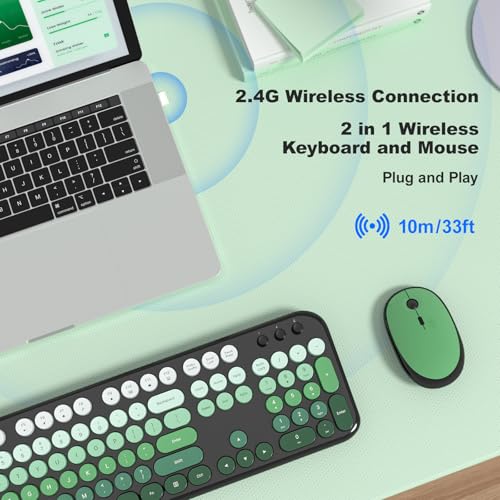 MOFII Wireless Keyboard and Mouse Combo, Full Size 2.4G Retro Round Computer Keyboard and Mouse Set, Plug and Play, for Windows, Computer, Desktop, PC, Notebook - (Green Gradient) - color: Green Gradient