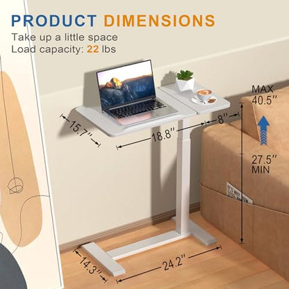 Adjustable Overbed Bedside Table with Hidden Wheels, Pneumatic Tilt Board Rolling Laptop Standing Desk Cart, Mobile Over Bed Sofa Chair Side End Tables, Walnut (White) - color: White