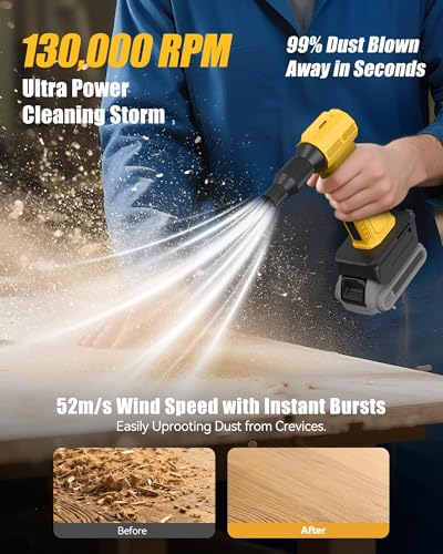 Compressed Air Duster, 130,000RPM Ultra-Powerful Electric Air Duster | Compatible with DEWALT 20V/60V Max Battery, 4-Gear Adjustable Air Blower for Computer/Keyboard/Car/Home (No Battery Included) - color: Yellow