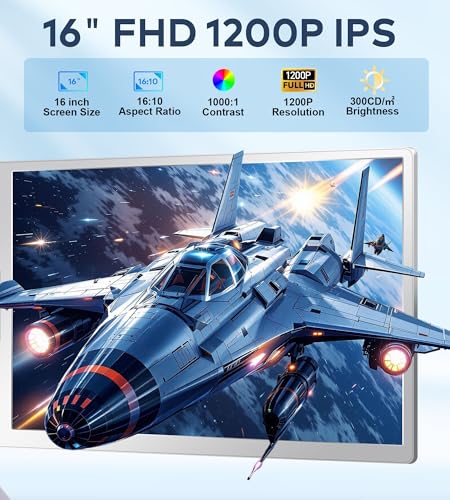 16" Laptop Screen Extender, 1200P IPS Quad Monitor | For 13.6-17.3-inch laptops; supports Windows 10+ and 2019+ MacBooks with M1/M2/M3/M4 via one USB-C/A cable - size: 16 inches