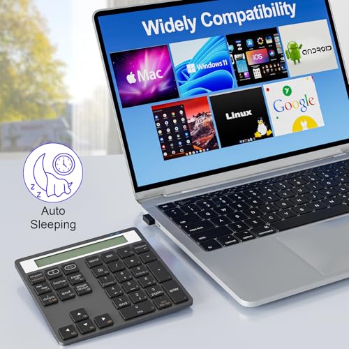 Numeric Keypad Bluetooth Number Pad - with Display Calculator Bluetooth Wireless Numpad Keyboard 2 in 1 Data Entry + Calculation, Slim 34 Keys External Number Keypad for Laptop Macbook Mac Surface PC