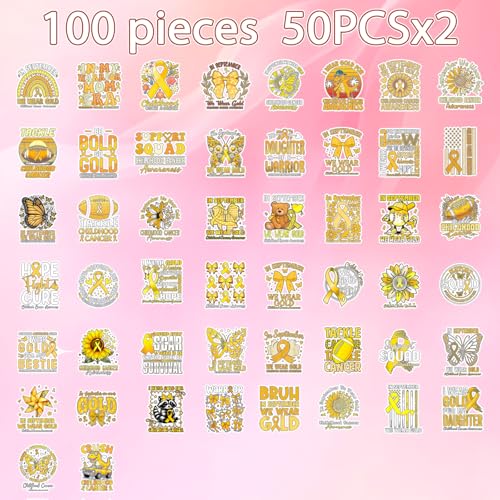 100 Pcs Childhood Cancer Awareness Stickers Childhood Cancer Items | Childhood Cancer Awareness Items, Yellow Ribbon Design, Waterproof Vinyl, Bow Sunflower Decals for Luggage Laptop Journaling - style: Childhood Cancer Awareness