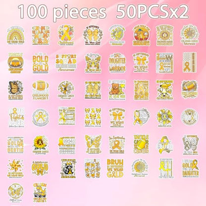 100 Pcs Childhood Cancer Awareness Stickers Childhood Cancer Items | Childhood Cancer Awareness Items, Yellow Ribbon Design, Waterproof Vinyl, Bow Sunflower Decals for Luggage Laptop Journaling - style: Childhood Cancer Awareness