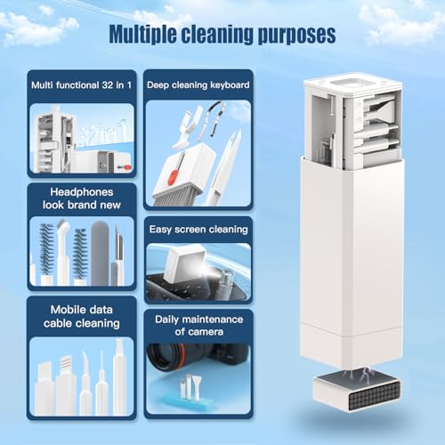Keyboard Cleaning Kit Laptop Cleaner,Computer Screen Cleaning Brush Tool | 32-in-1 Multi Function PC Electronic Cleaner Kit for iPad iPhone Pro,Earbuds,Camera Monitor-White - color: White1