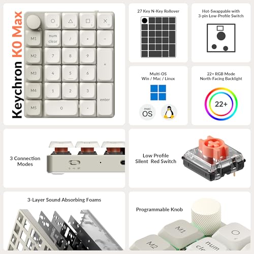 Keychron K0 Max QMK Wireless Custom Number Low-Profile RGB Backlit (Hot-Swappable) Silent Red Switch Keypad, 2.4 GHz & Bluetooth 5.3 Connection, 1000Hz Polling Rate - Retro Version - color: Silent Red Switch, size: Retro