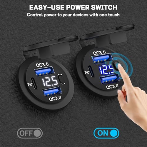 72W Dual USB Quick Charge 3.0 & PD USB C Car Charger Socket, 12V/24V USB Outlet with LED Voltmeter, Power Switch, 4X Faster Charging, Multi-Protection, Universal for Car, Boat, Truck & RV(Blue) - color: blue