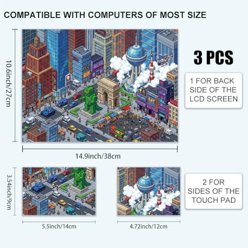 3Pcs Pixel Art Laptop Skin Sticker Tokyo Universal Removable Vinyl Stickers Fits for 12.1 13 14 15.6 16 Inch Waterproof Notebook Decal Cover Gift - color: blue and purple